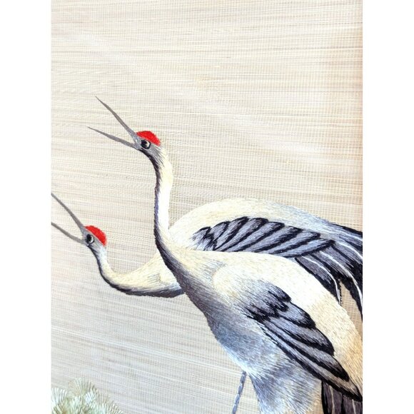 Japan Hanging Scroll Kakejiku VTG Silk Hand Embroidery Tosa Mitsusada Two Cranes - Picture 6 of 7